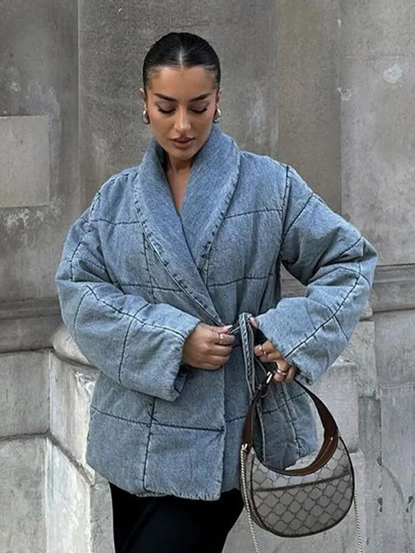 Vintage γυαλιστερό γιακά με κορδόνι γυναικείο μπουφάν με καρό μακρυμάνικο βαμβακερό παλτό 2023 Φθινόπωρο, χειμώνα, γυναικεία ρούχα στο δρόμο