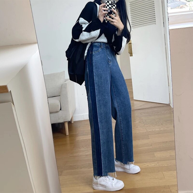 2023 m. Moteriški džinsai plačiomis kojomis aukštu juosmeniu Harajuku Kontrastinės spalvos džinsiniai tiesūs vintažiniai gatvės drabužiai Vasaros mamos moteriški džinsai