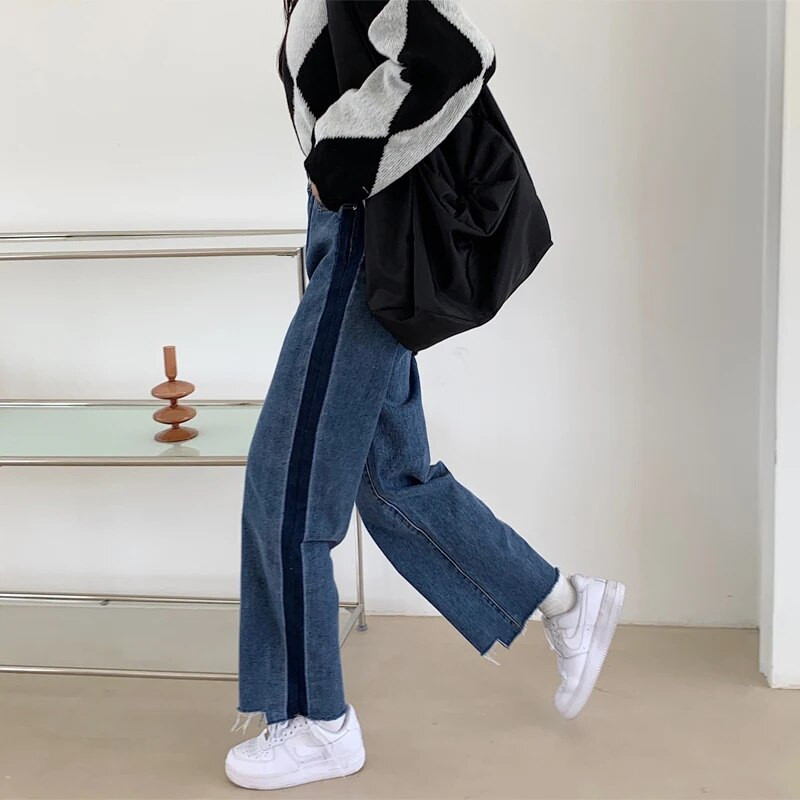 2023 m. Moteriški džinsai plačiomis kojomis aukštu juosmeniu Harajuku Kontrastinės spalvos džinsiniai tiesūs vintažiniai gatvės drabužiai Vasaros mamos moteriški džinsai