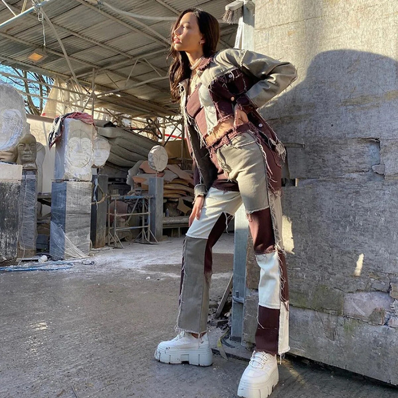 Rudens rudos spalvos Moteriškos kaubojiškos dryžuotos lopinės džinsai Gatvės laisvalaikio hip-hop aukšto juosmens Laisvi tiesūs džinsai Moteriškos madingos kelnės