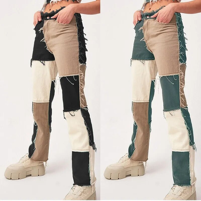 Rudens rudos spalvos Moteriškos kaubojiškos dryžuotos lopinės džinsai Gatvės laisvalaikio hip-hop aukšto juosmens Laisvi tiesūs džinsai Moteriškos madingos kelnės
