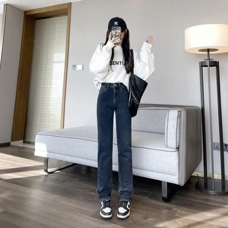 GUUZYUVIZ 2023 m. žiemos tiesūs vilnoniai džinsai moteriški šilti stori, laisvi aukštu juosmeniu aksominės džinsinės kelnės