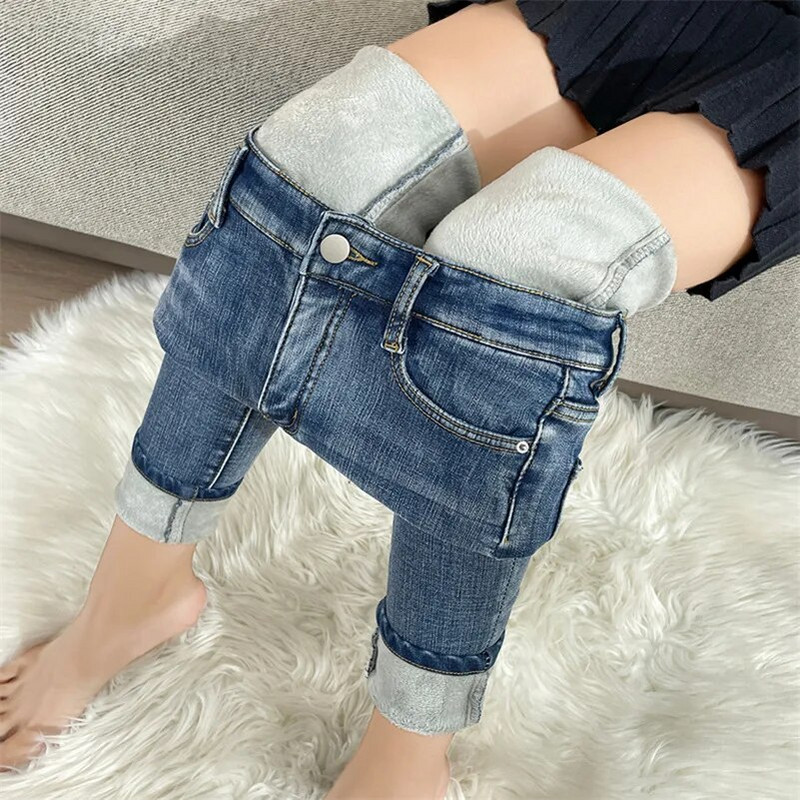 Moteriški žieminiai terminiai džinsai sniego šilti, elastingi siauri vintažiniai džinsai moteriškos džinsinės kelnės, pieštukas, kasdieninės kelnės aukštu juosmeniu