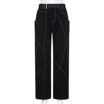 TOKIOS gotikinės juodos plačios džinsai su diržu Moteriškos tamsios akademinės džinsinės kelnės Hip Hop Streetwear Grunge Fairycore Punk kelnės