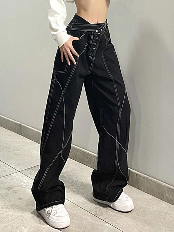 TOKIOS gotikinės juodos plačios džinsai su diržu Moteriškos tamsios akademinės džinsinės kelnės Hip Hop Streetwear Grunge Fairycore Punk kelnės