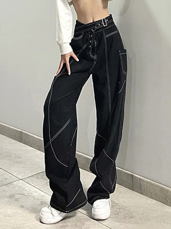 TOKIOS gotikinės juodos plačios džinsai su diržu Moteriškos tamsios akademinės džinsinės kelnės Hip Hop Streetwear Grunge Fairycore Punk kelnės