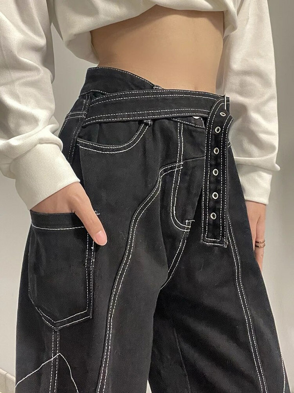 TOKIOS gotikinės juodos plačios džinsai su diržu Moteriškos tamsios akademinės džinsinės kelnės Hip Hop Streetwear Grunge Fairycore Punk kelnės