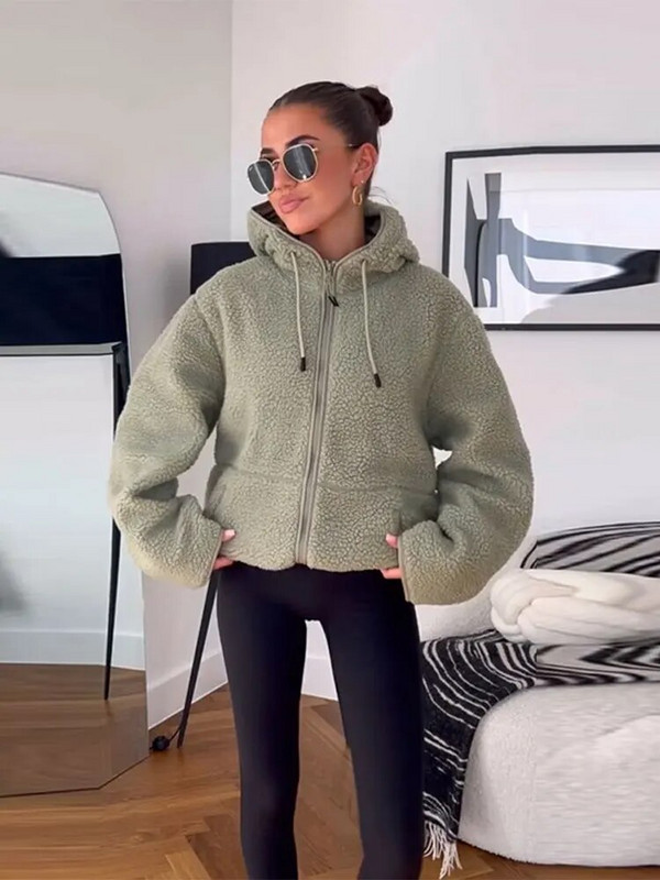 Dirbtinio kailio vilnos gobtuvas su užtrauktuku Moteriškas storas paltas, sutraukiamas raištelis pilnomis rankovėmis, kišenė laisva striukė 2023 m. rudens žiemos prašmatnus laisvalaikio apatinis drabužis