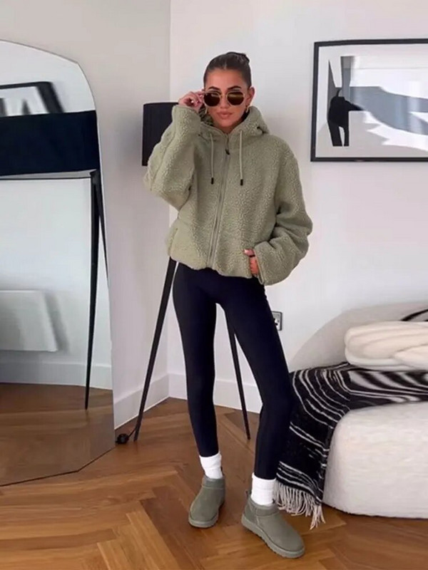 Dirbtinio kailio vilnos gobtuvas su užtrauktuku Moteriškas storas paltas, sutraukiamas raištelis pilnomis rankovėmis, kišenė laisva striukė 2023 m. rudens žiemos prašmatnus laisvalaikio apatinis drabužis