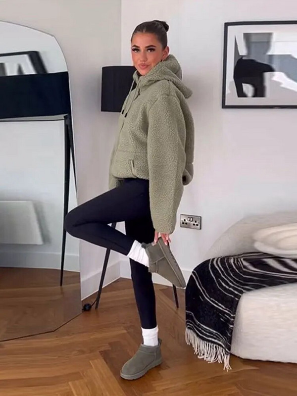 Dirbtinio kailio vilnos gobtuvas su užtrauktuku Moteriškas storas paltas, sutraukiamas raištelis pilnomis rankovėmis, kišenė laisva striukė 2023 m. rudens žiemos prašmatnus laisvalaikio apatinis drabužis