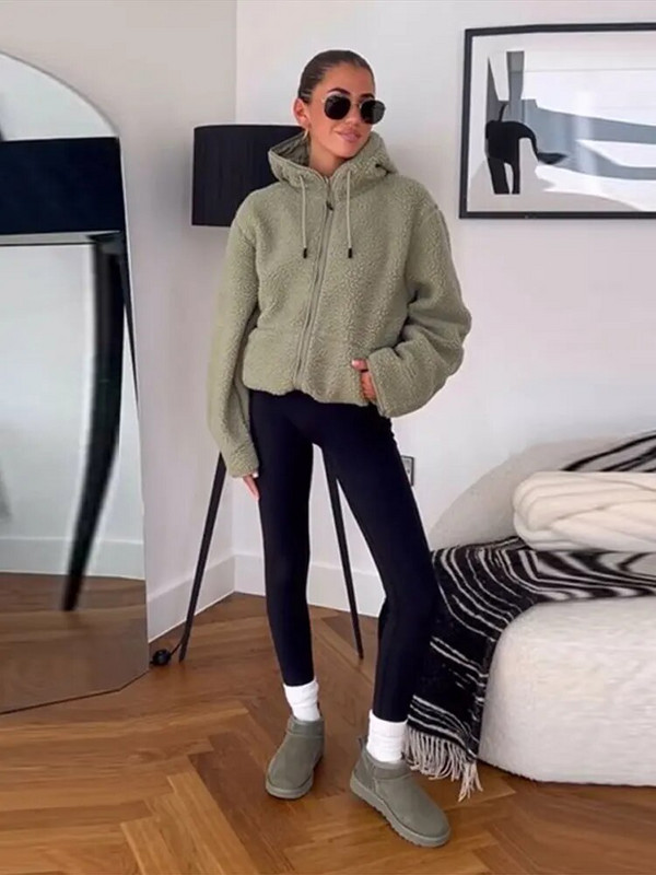 Dirbtinio kailio vilnos gobtuvas su užtrauktuku Moteriškas storas paltas, sutraukiamas raištelis pilnomis rankovėmis, kišenė laisva striukė 2023 m. rudens žiemos prašmatnus laisvalaikio apatinis drabužis