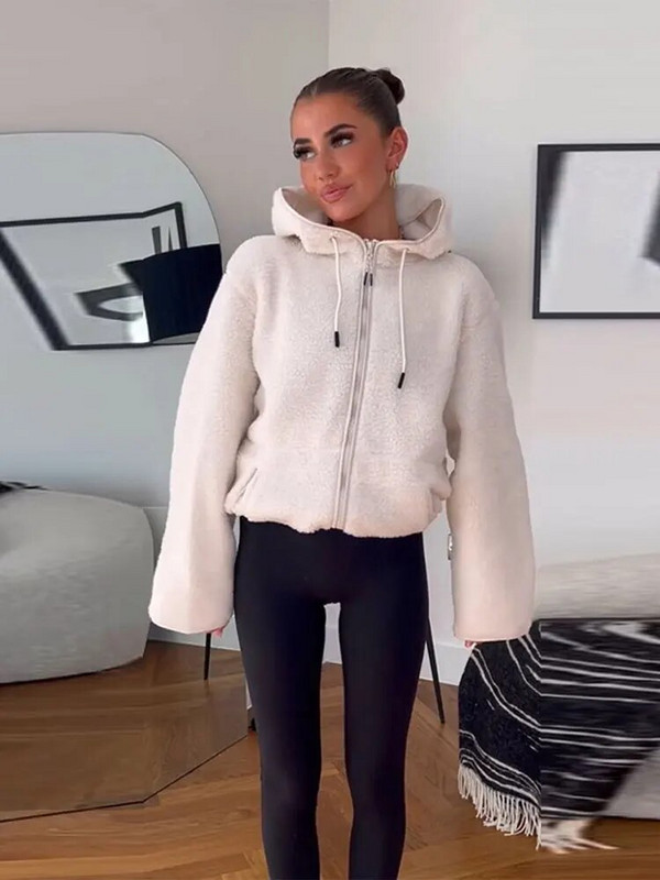 Dirbtinio kailio vilnos gobtuvas su užtrauktuku Moteriškas storas paltas, sutraukiamas raištelis pilnomis rankovėmis, kišenė laisva striukė 2023 m. rudens žiemos prašmatnus laisvalaikio apatinis drabužis