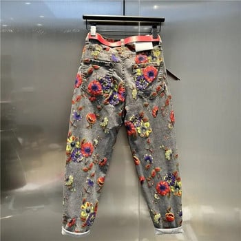 Flower Jeans Woman 2023 Άνοιξη Φθινόπωρο Νέο ψηλόμεσο φαρδύ παντελόνι Personality printed τζιν παντελόνι χαρέμι Γυναικείο τζιν παντελόνι Femme