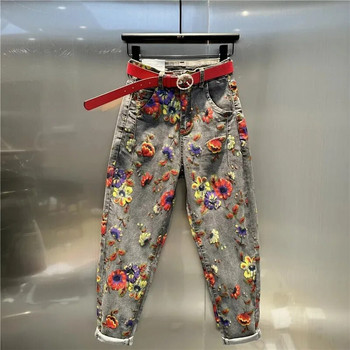 Flower Jeans Woman 2023 Άνοιξη Φθινόπωρο Νέο ψηλόμεσο φαρδύ παντελόνι Personality printed τζιν παντελόνι χαρέμι Γυναικείο τζιν παντελόνι Femme