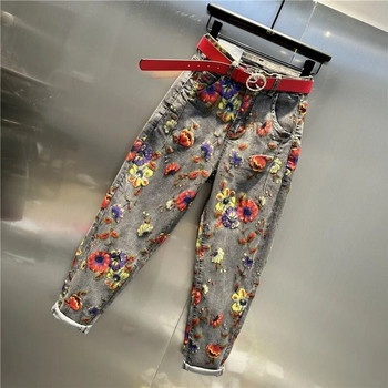 Flower Jeans Woman 2023 Άνοιξη Φθινόπωρο Νέο ψηλόμεσο φαρδύ παντελόνι Personality printed τζιν παντελόνι χαρέμι Γυναικείο τζιν παντελόνι Femme