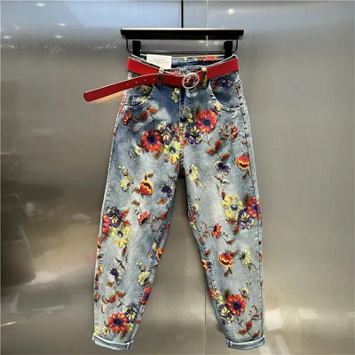 Gėlėti džinsai, moteris, 2023 m. pavasaris, ruduo, naujos aukšto juosmens laisvos, individualiai prigludusios kelnės, margintos džinsinio audinio kelnės „Haremas“ moteriškos kelnės „Femme“