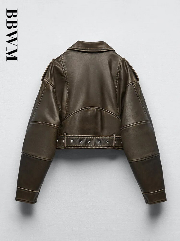 TRAF moteriškas negabaritinis vintažinis laisvas Pu dirbtinės odos trumpas striukė su diržu Streetwear Moteriškas užtrauktukas Retro motociklininkų paltas viršutinis drabužis