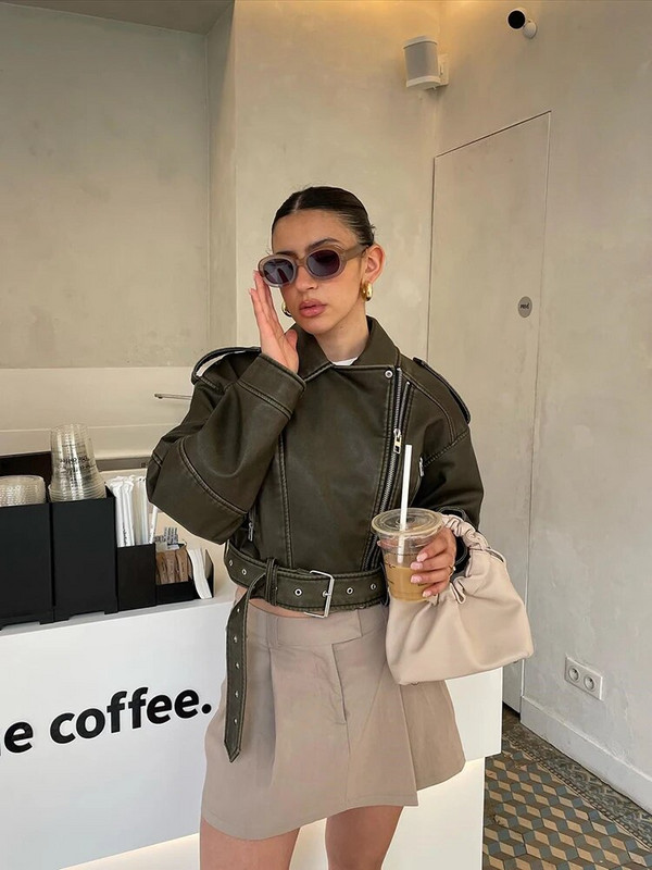 TRAF moteriškas negabaritinis vintažinis laisvas Pu dirbtinės odos trumpas striukė su diržu Streetwear Moteriškas užtrauktukas Retro motociklininkų paltas viršutinis drabužis
