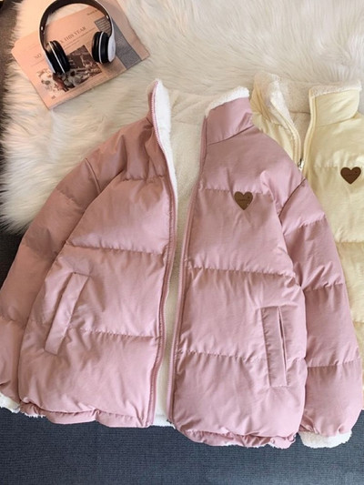 JMPRS Сладко дамско палто с паркове с бродерия Зимно дебело космато корейско свободно топло яке Двустранен дизайн Розови студентски дрехи