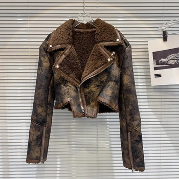 PREPOMP 2022 Winter New Collection Turn down γιακά φερμουάρ Μανίκι Μανίκι ψεύτικη γούνα Δερμάτινο μπουφάν Γυναικείο ακανόνιστο παλτό GH010