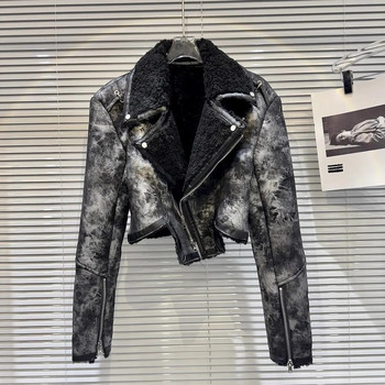 PREPOMP 2022 Winter New Collection Turn down γιακά φερμουάρ Μανίκι Μανίκι ψεύτικη γούνα Δερμάτινο μπουφάν Γυναικείο ακανόνιστο παλτό GH010