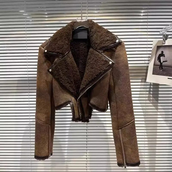 PREPOMP 2022 Зимна нова колекция с отложна яка, ципове, ръкави, маншети, кожено яке от изкуствена кожа Дамско палто с нестандартни форми GH010