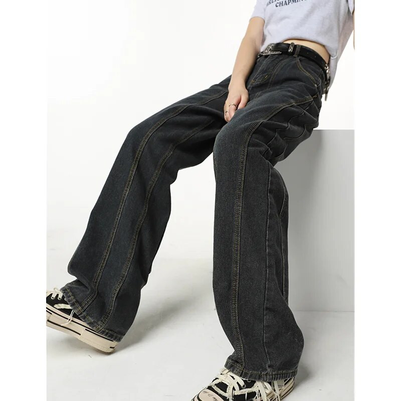 Zimske vintage tamnoplave ženske traperice visokog struka Američka modna ulična odjeća Jeans široke nogavice Ženske hlače s ravnim traperom