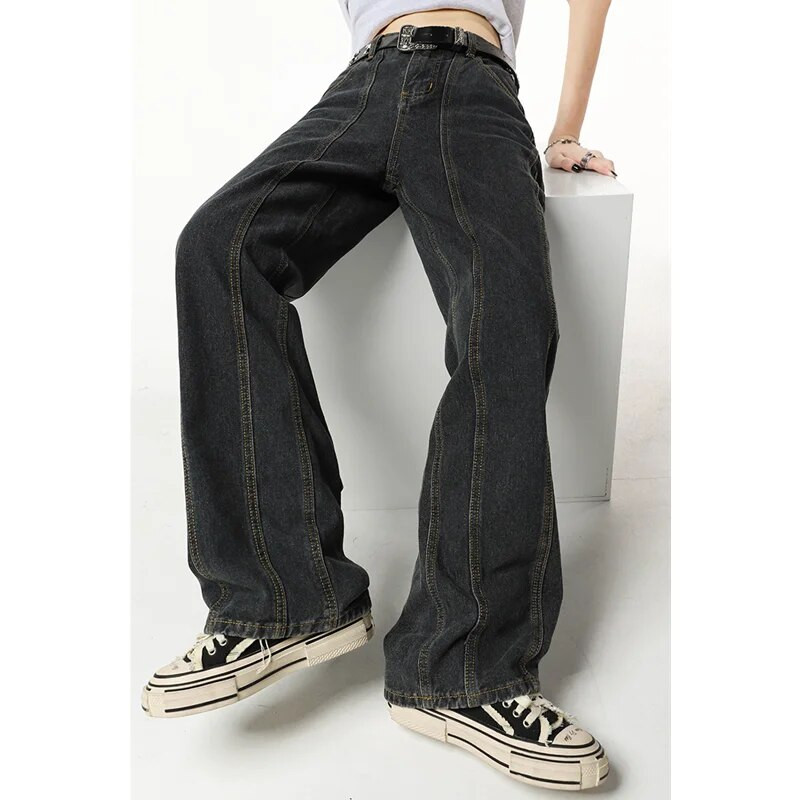 Zimske vintage tamnoplave ženske traperice visokog struka Američka modna ulična odjeća Jeans široke nogavice Ženske hlače s ravnim traperom