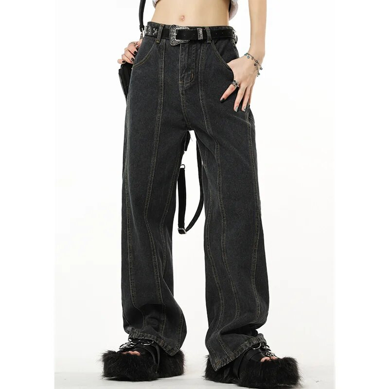 Zimske vintage tamnoplave ženske traperice visokog struka Američka modna ulična odjeća Jeans široke nogavice Ženske hlače s ravnim traperom