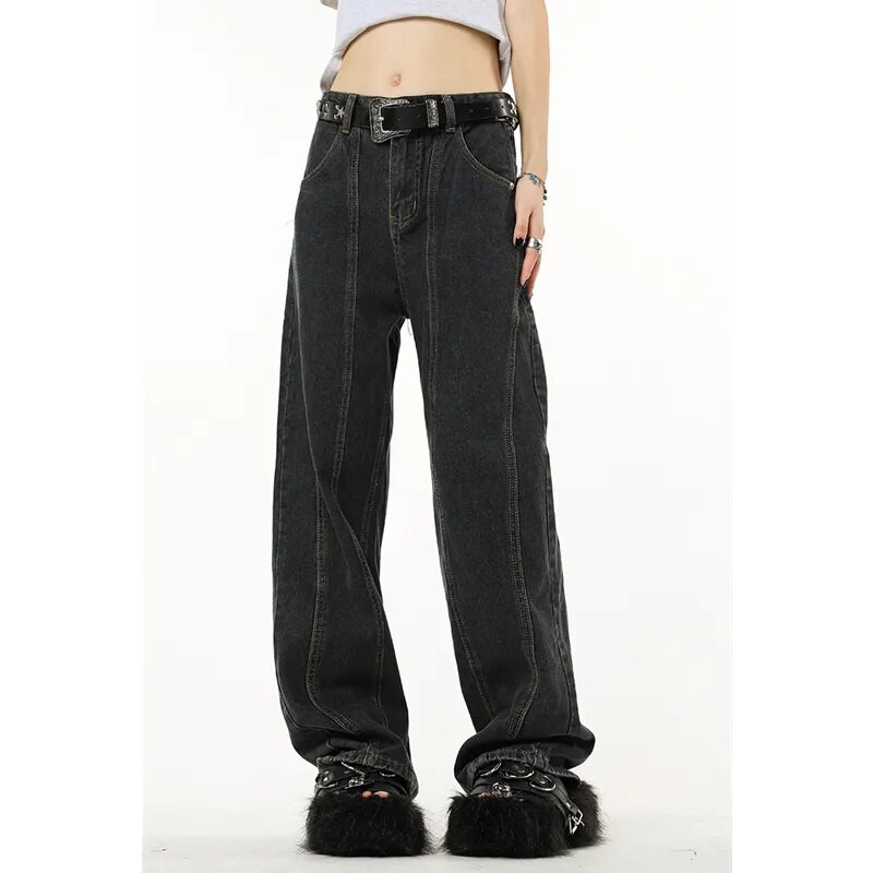 Zimske vintage tamnoplave ženske traperice visokog struka Američka modna ulična odjeća Jeans široke nogavice Ženske hlače s ravnim traperom