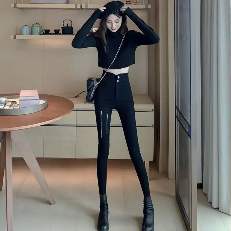 Naine Teksad Püksid Rinnaga Tõmblukk Kitsad püksid Pantalones Vaqueros Mujer