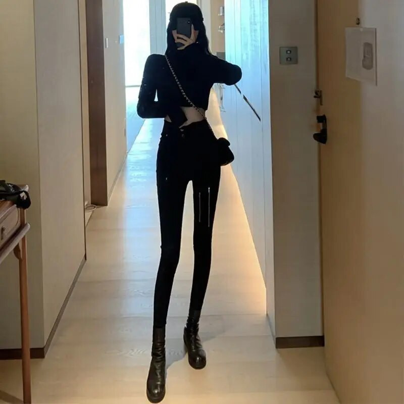 Naine Teksad Püksid Rinnaga Tõmblukk Kitsad püksid Pantalones Vaqueros Mujer