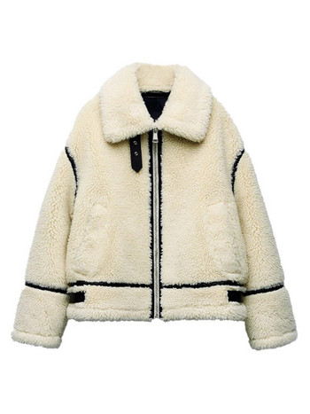 Модно пачуърк палто от полар за жени Свободно яке от агнешка вълна с дълъг ръкав 2023 Зима Есен Топло удебелено дамско връхно облекло с ревер