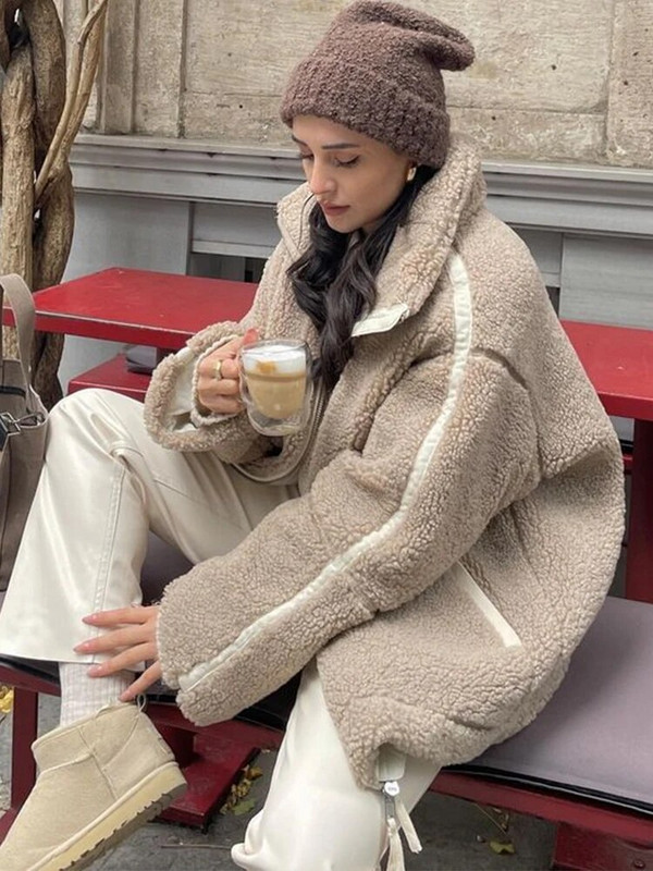 Madingas „Patchwork“ vilnonis paltas moterims laisvomis ilgomis rankovėmis avienos vilnos striukė 2023 m. žiemos rudens šiltas, storas moteriškas viršutinis atvartas