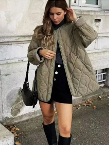 Зимни плътни ватирани якета за жени Едноредно свободно палто с джобове с О-образно деколте Ежедневно дамско памучно връхно облекло за офис улица