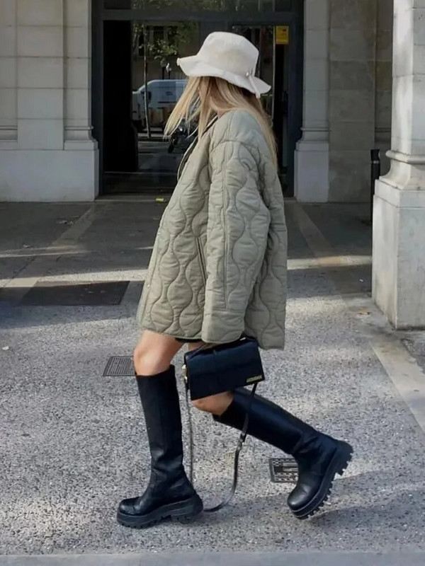 Χειμερινά μονόχρωμα καπιτονέ μπουφάν για γυναίκες με λαιμόκοψη Ο μονό στήθος, χαλαρό παλτό τσέπης Γυναικείο casual γραφείου Street βαμβακερά εξωτερικά ενδύματα