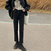 Mustad sirged teksapüksid naiste kõrge vöökohaga lahtised vabaaja püksid sügistalv retro laia säärega kärbitud püksid