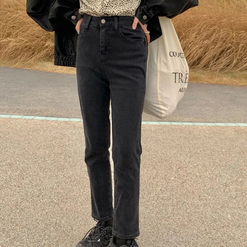 Mustad sirged teksapüksid naiste kõrge vöökohaga lahtised vabaaja püksid sügistalv retro laia säärega kärbitud püksid