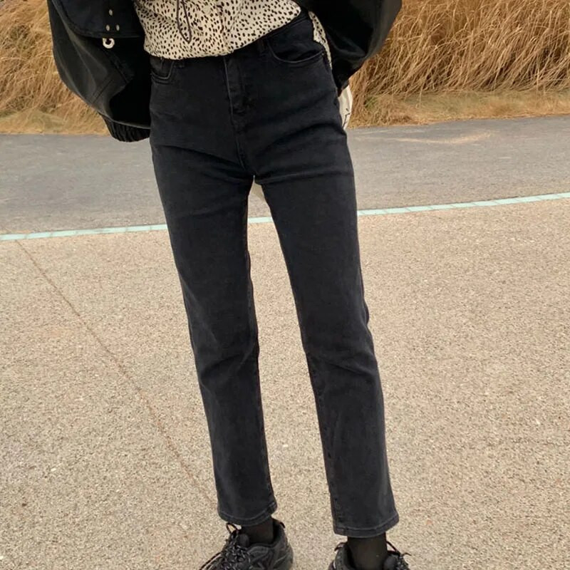 Mustad sirged teksapüksid naiste kõrge vöökohaga lahtised vabaaja püksid sügistalv retro laia säärega kärbitud püksid