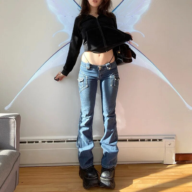 Y2K Esteetika Retronööbid täispikad sinised teksapüksid, naiste õhukesed tänavarõivad 2000. aastate armsad taskud, kaunistused madala kõrgusega teksad