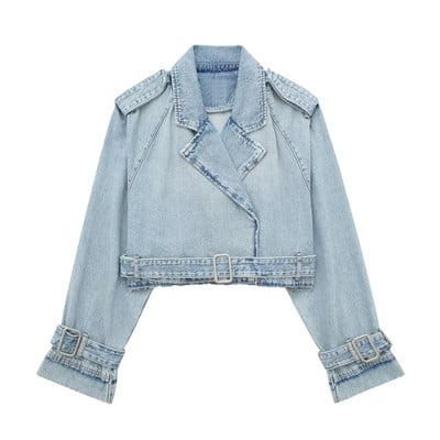 Jachetă de blugi decupată Femei Chic Lady High Street Frayed Blue Jacket Palton Top Femei 2023 NOU