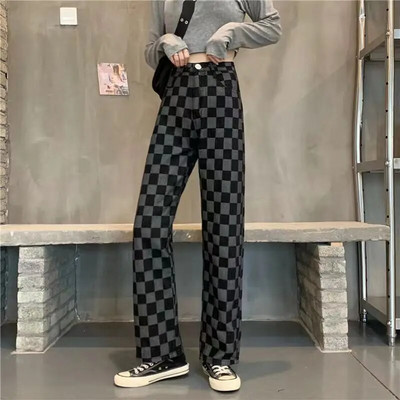 Καρό ψηλόμεσο τζιν παντελόνι φαρδύ γυναικείο vintage τζιν παλιό καφέ τζιν 2023 φθινόπωρο νέο casual τζιν ίσιο παντελόνι