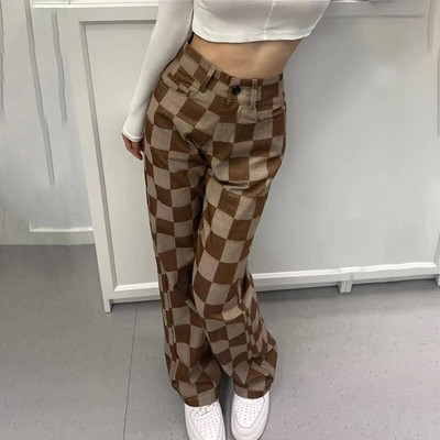 Καρό ψηλόμεσο τζιν παντελόνι φαρδύ γυναικείο vintage τζιν παλιό καφέ τζιν 2023 φθινόπωρο νέο casual τζιν ίσιο παντελόνι