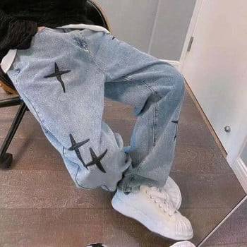 Streetwear Cross Embroidery Τζιν Γυναικείο ψηλόμεσο Y2k ίσιο φαρδύ παντελόνι Κορεατική μόδα Γυναικεία τζιν παντελόνια μόδας 2022