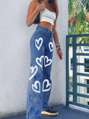 Vintage hlače s printom srca Y2K široke traperice Ženske modne vitke estetske traperice visokog struka Traperice Ulične hlače iz 90-ih