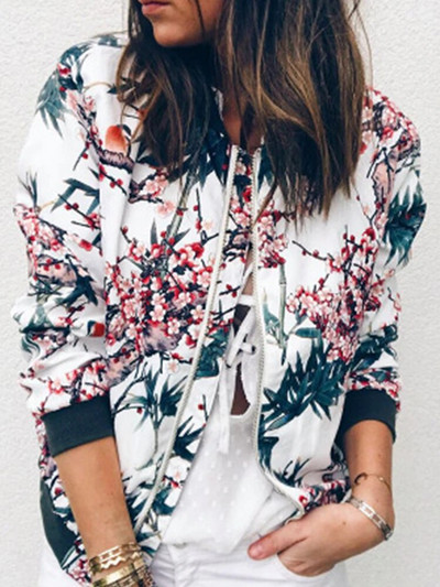 Floral Print Zipper Casual Jacket Women 2023 Spring Summer Long Sleeve Loose Bomber Jacket Coat O Neck Fashion Tops Outerwear