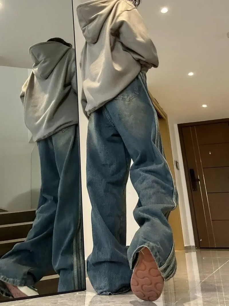 Y2K vintažinės aukšto juosmens gatvės aprangos stiliaus mėlyni džinsai kelnės korėjietiškos mados moteriškos plačios kelnės dryžuotos džinsinės kelnės Moteriški drabužiai