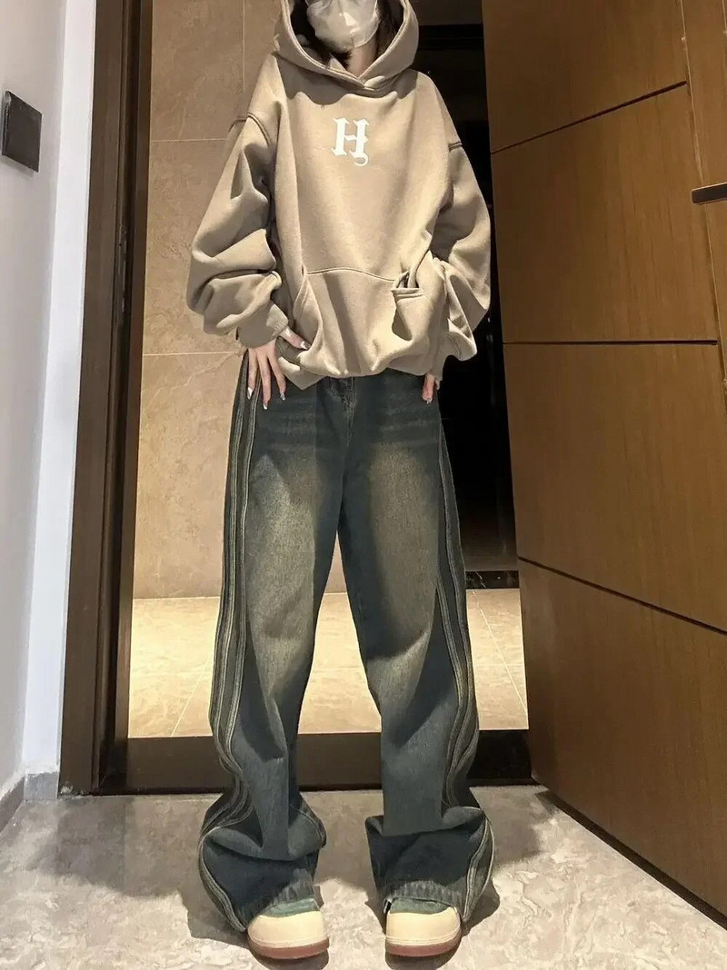 Y2K vintažinės aukšto juosmens gatvės aprangos stiliaus mėlyni džinsai kelnės korėjietiškos mados moteriškos plačios kelnės dryžuotos džinsinės kelnės Moteriški drabužiai