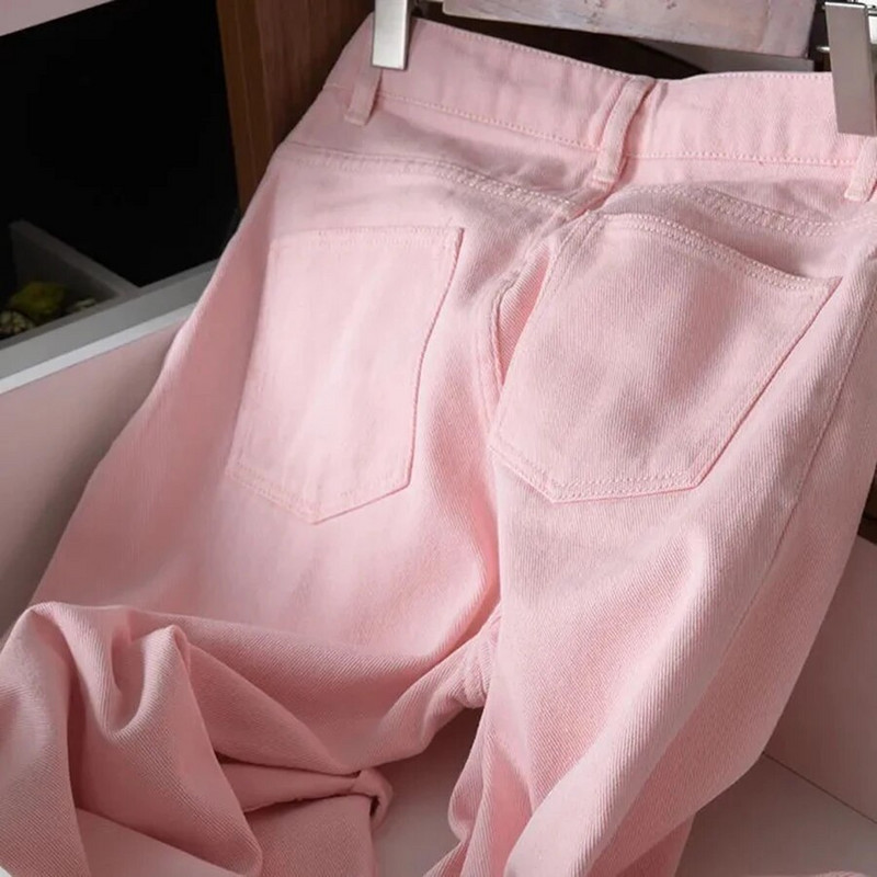 Ühevärvilised Lihtsad sirged kõrge vöökohaga teksad Korea mood lahtised tänavarõivad roosad naiste püksid vabaaja teksapüksid Vaqueros