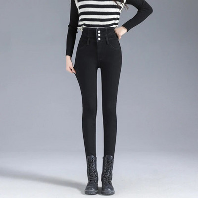 Kõrge vöökohaga sametteksad naiste talve uus fliis vabaaja sinine suitsuhall õhuke veniv paksenenud pliiats pliiats teksapüksid